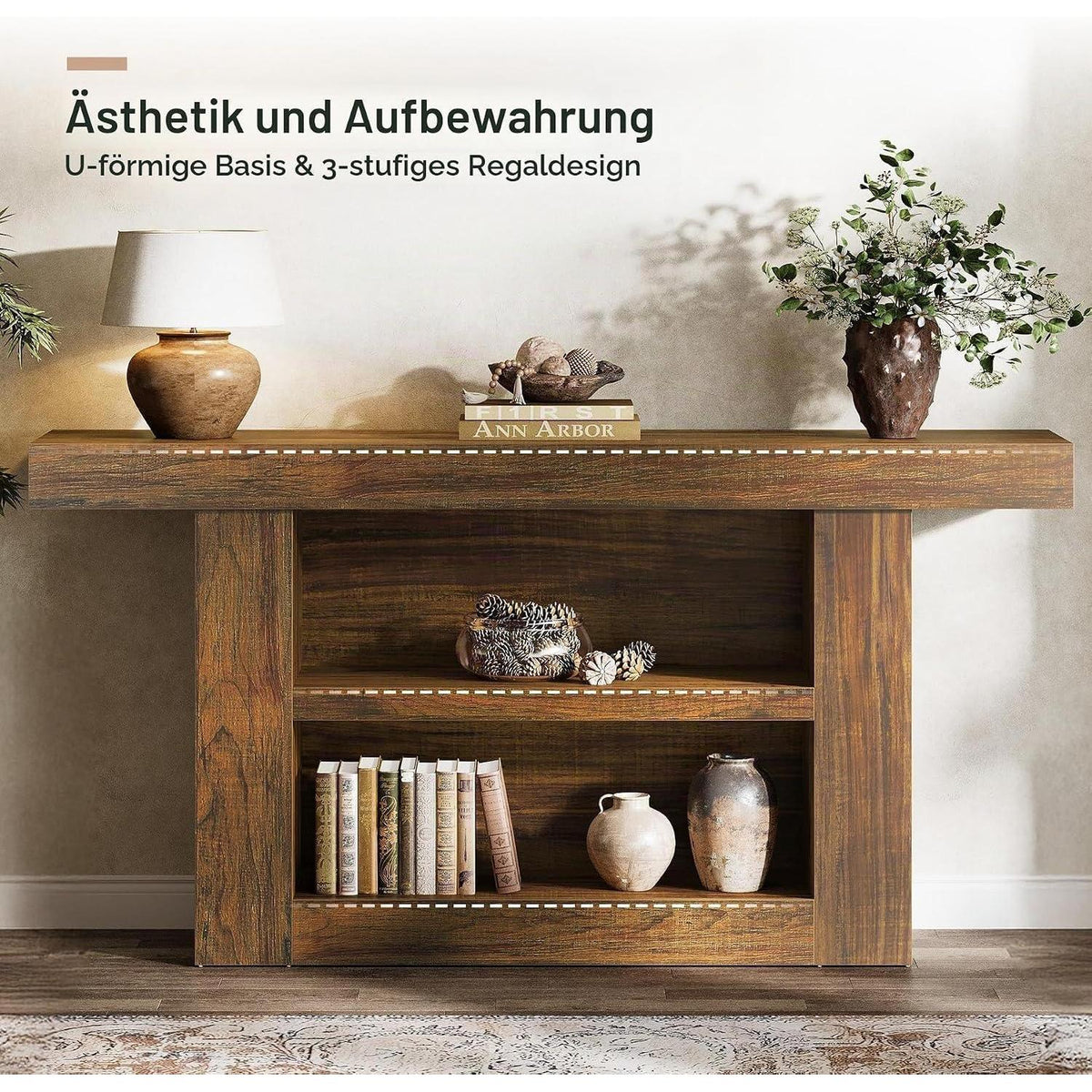 Konsolentisch 160cm – Beistelltisch mit 3 Etagen, Braun