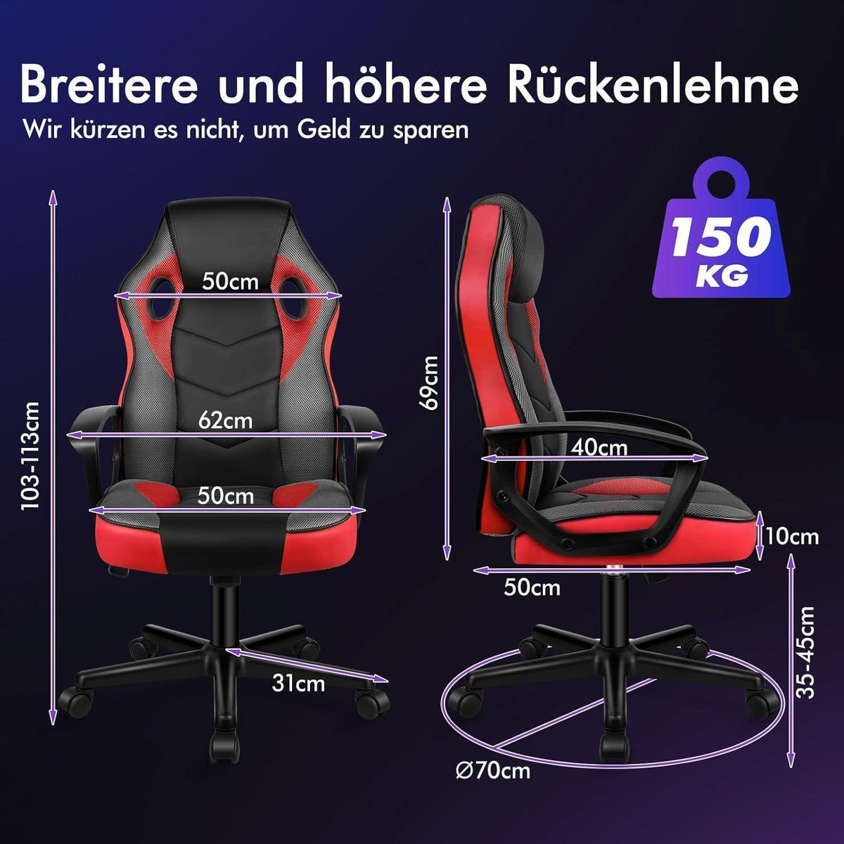 Ergonomischer Gaming-Stuhl mit mittlerer Rückenlehne, Rot Mega