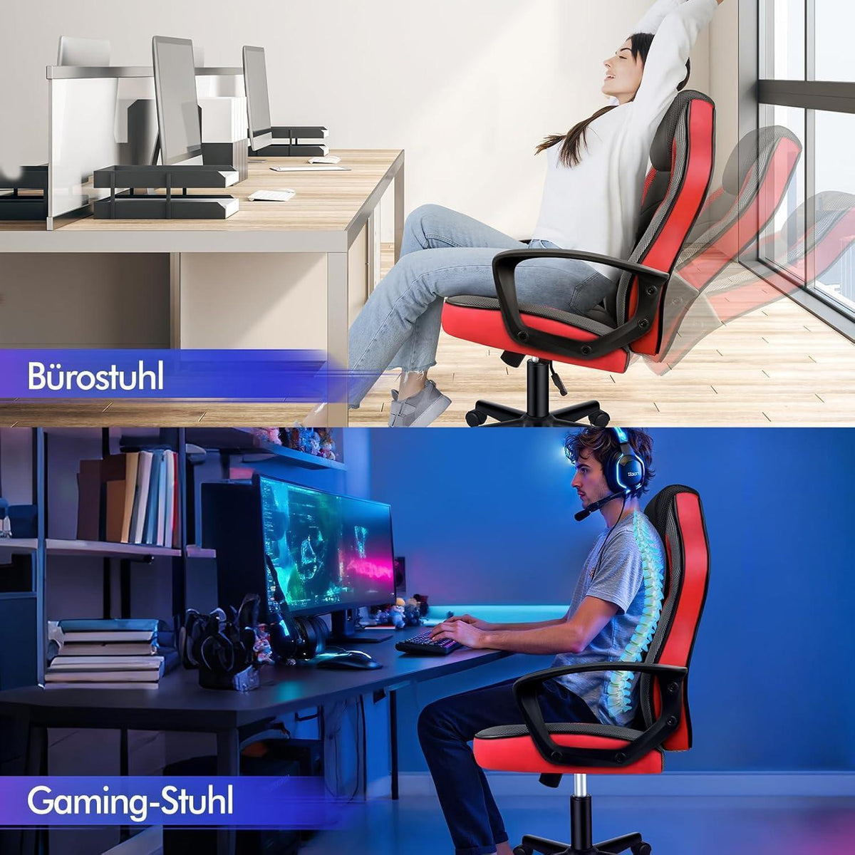 Ergonomischer Gaming-Stuhl mit mittlerer Rückenlehne, Rot Mega