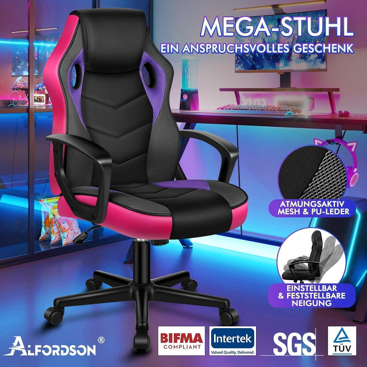 Ergonomischer Gaming-Stuhl Lila Mega in Lederoptik und Stoff