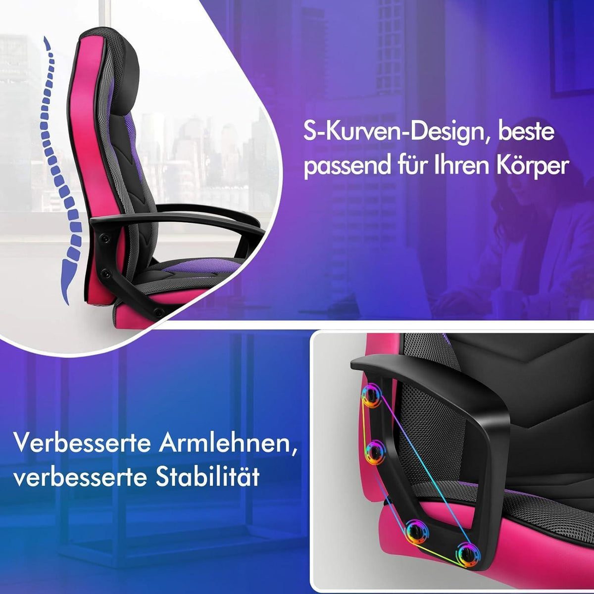 Ergonomischer Gaming-Stuhl Lila Mega in Lederoptik und Stoff