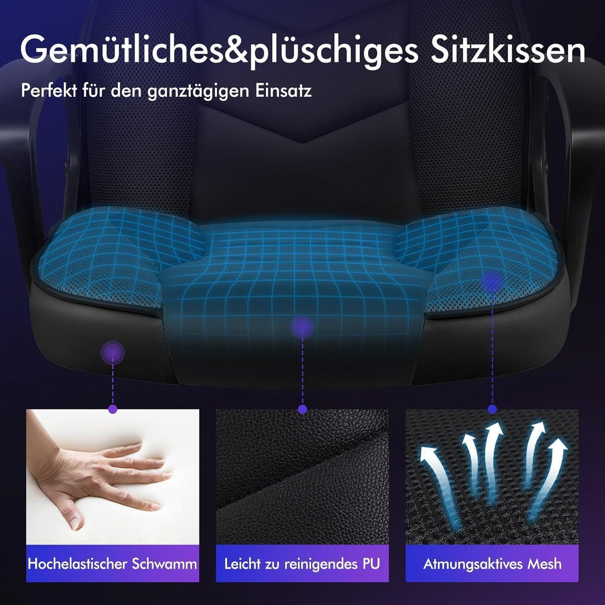 Ergonomischer Gaming-Stuhl mit mittlerer Rückenlehne, Stoff, Schwarz in Lederoptik