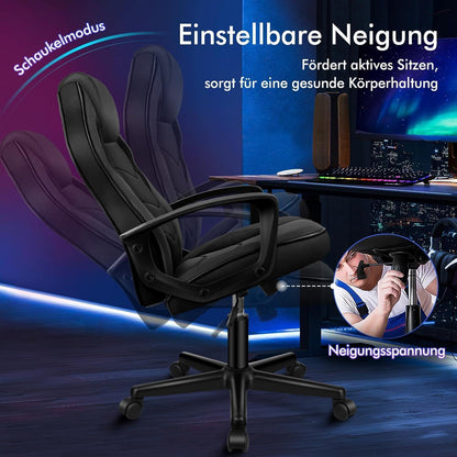 Ergonomischer Gaming-Stuhl mit mittlerer Rückenlehne, Stoff, Schwarz in Lederoptik