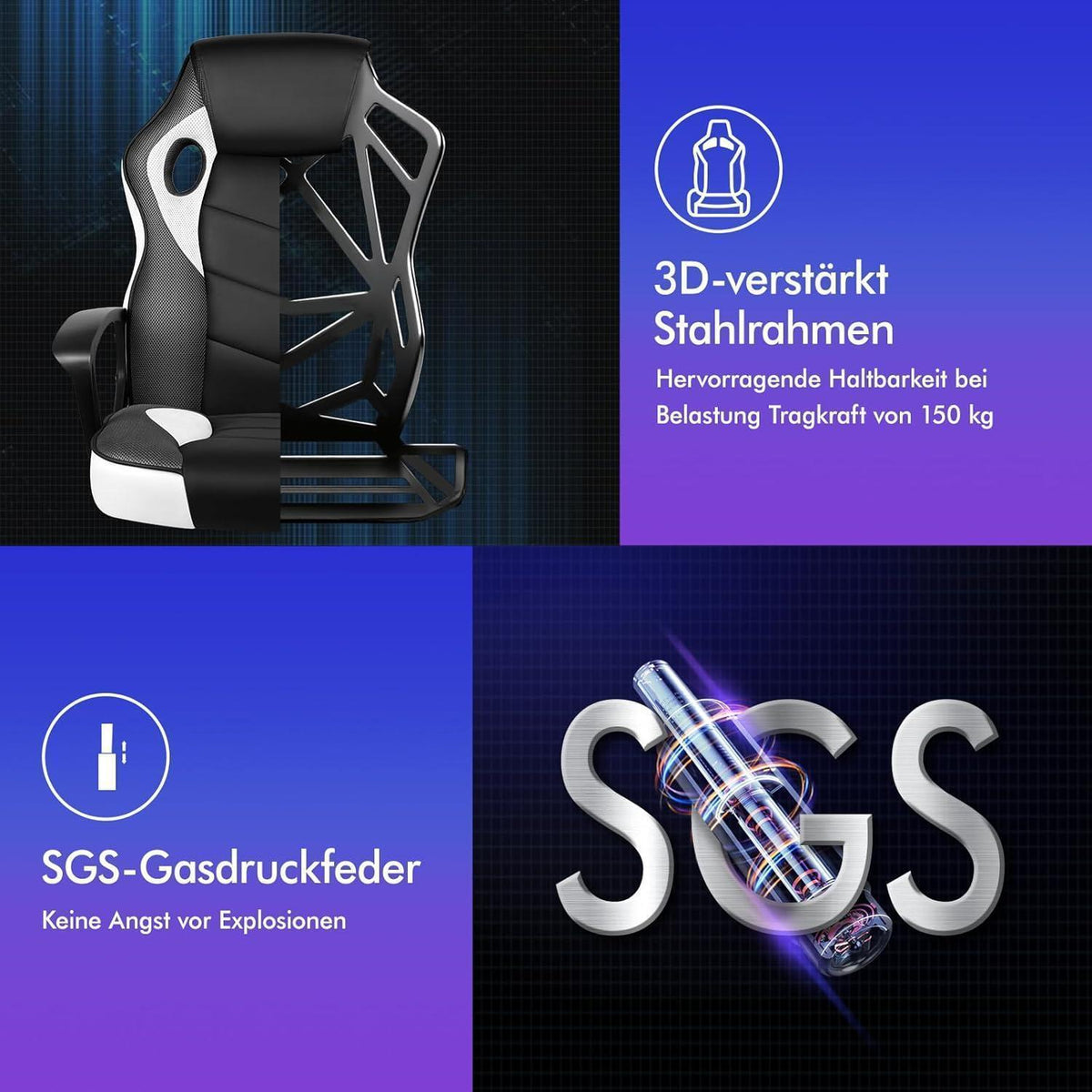 Ergonomischer Gaming-Schreibtischstuhl Weiß Mega, 150 kg belastbar