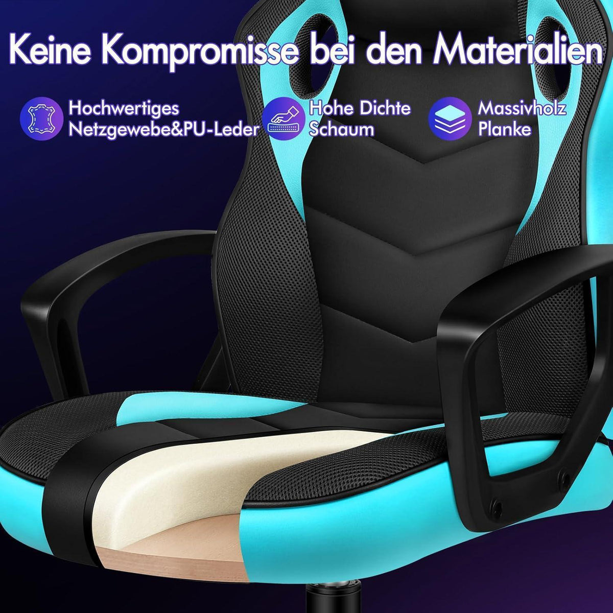 Ergonomischer Gaming-Stuhl mit mittlerer Rückenlehne, Cyan