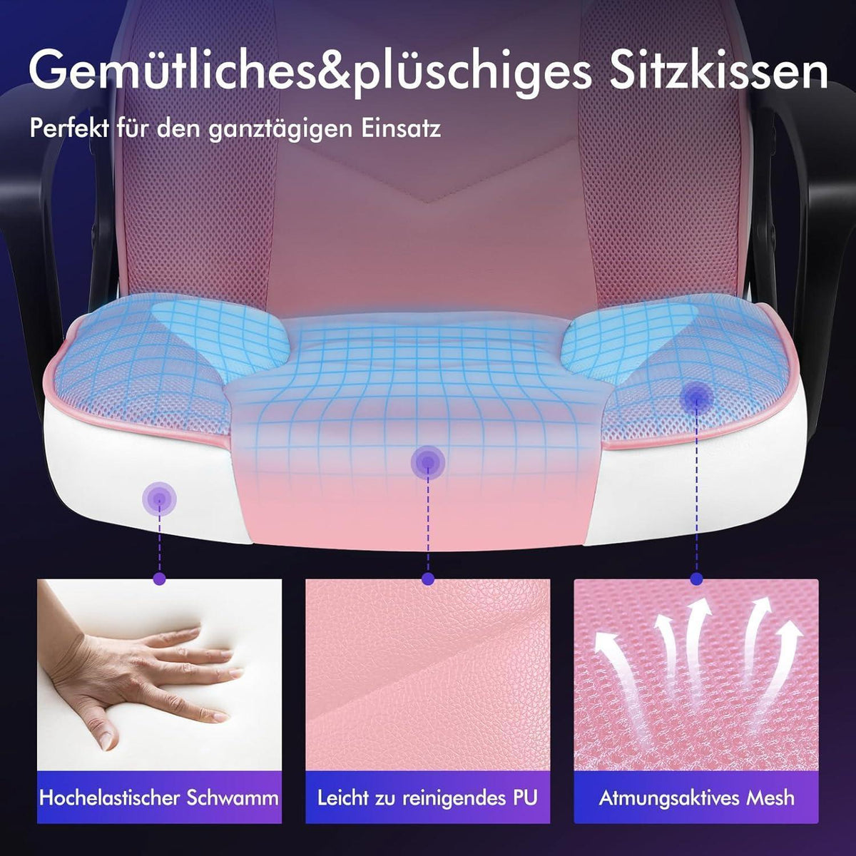 Ergonomischer Gaming-Schreibtischstuhl Rosa Mega, 150kg belastbar