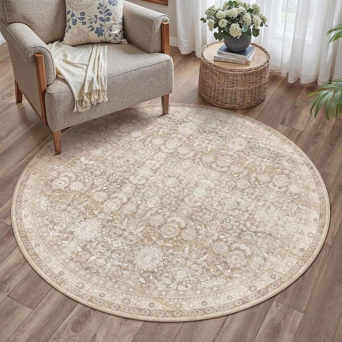Runder Teppich Beige 120cm – Vintage Kurzflor, Waschbar