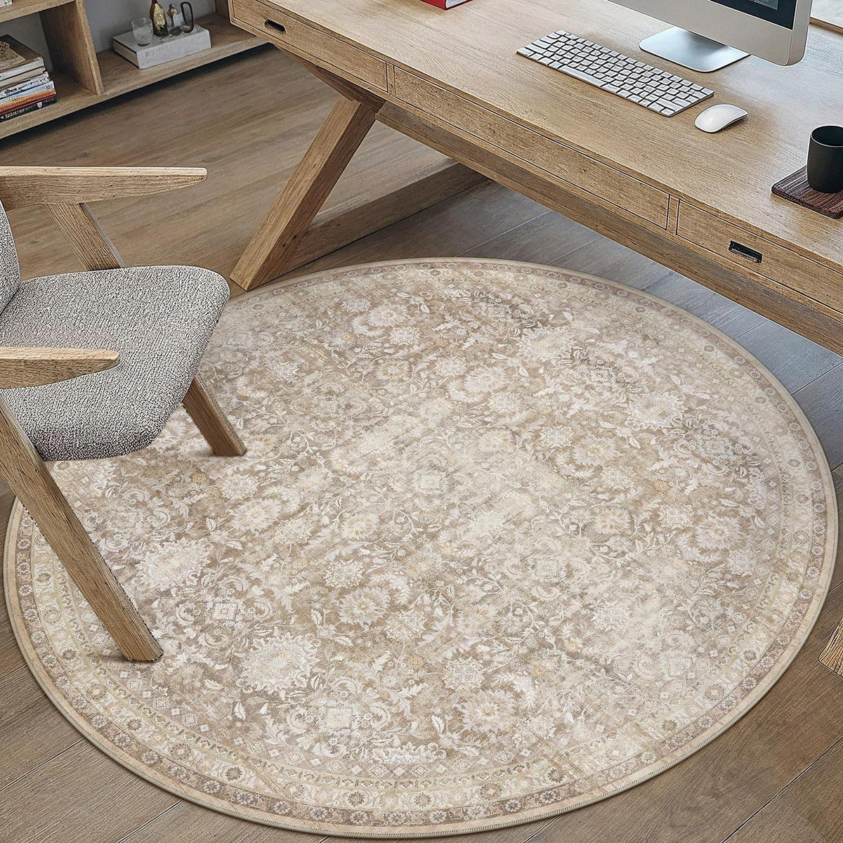 Runder Teppich Beige 120cm – Vintage Kurzflor, Waschbar