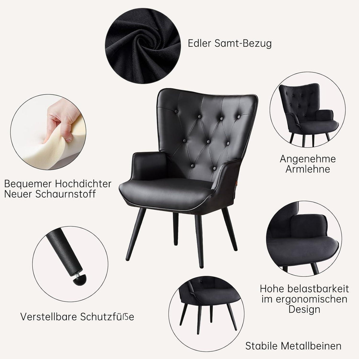 Ohrensessel Schwarz – Skandinavischer Relaxsessel mit PU-Leder