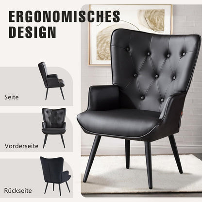 Ohrensessel Schwarz – Skandinavischer Relaxsessel mit PU-Leder