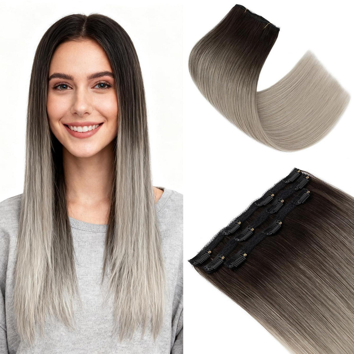 Echthaar Clip-in Extensions Schwarz-Grau Highlight 55cm