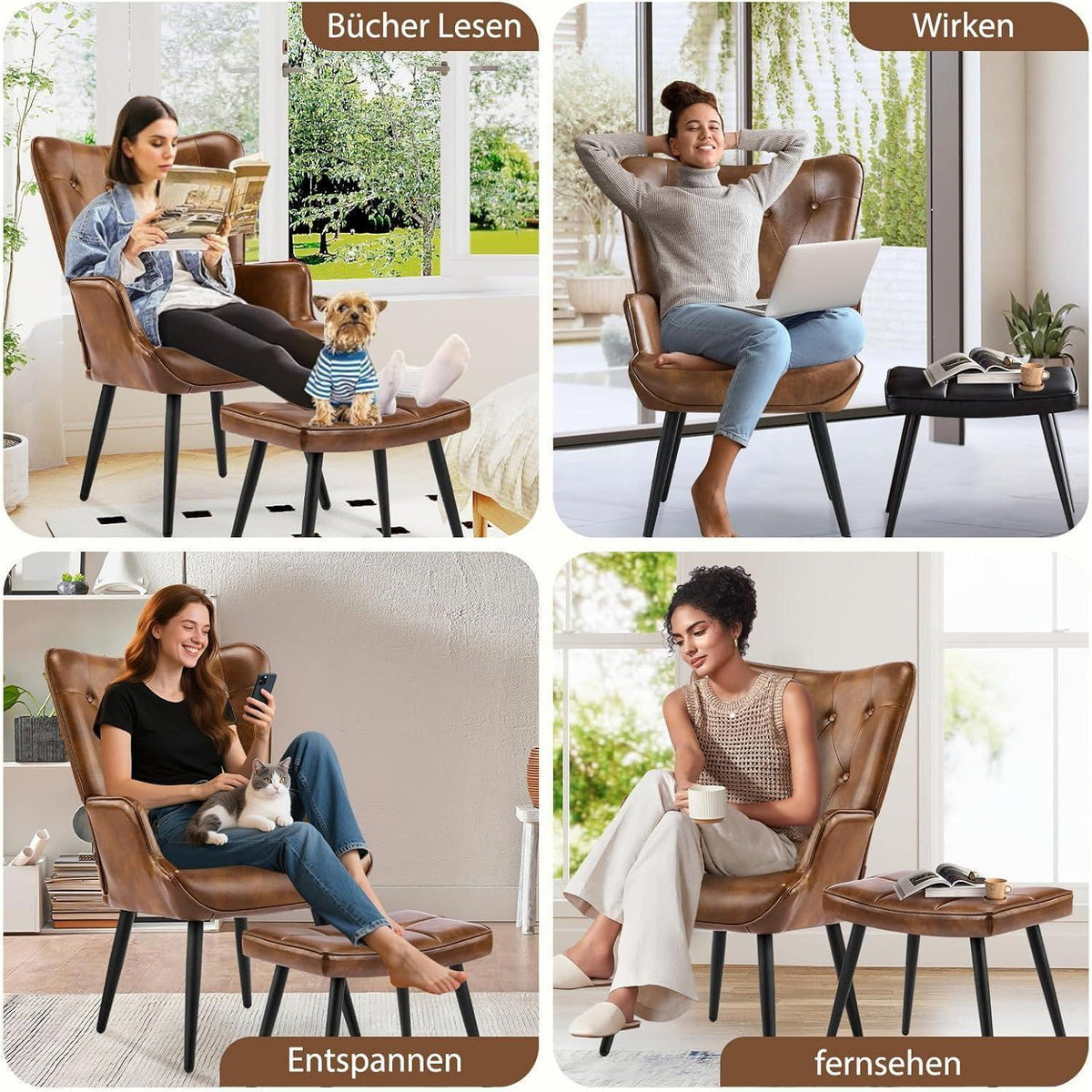 Ohrensessel mit Hocker, Braun – Bequemer Relaxsessel für Wohnzimmer