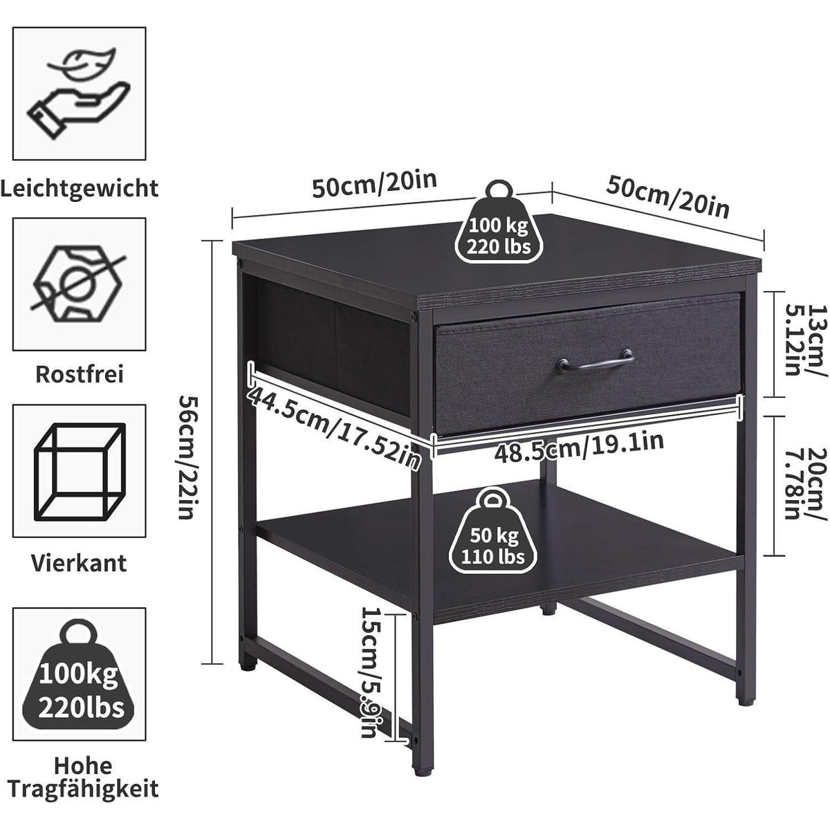 Verstellbarer Beistelltisch mit Schublade & Ablage – 50cm Schwarz
