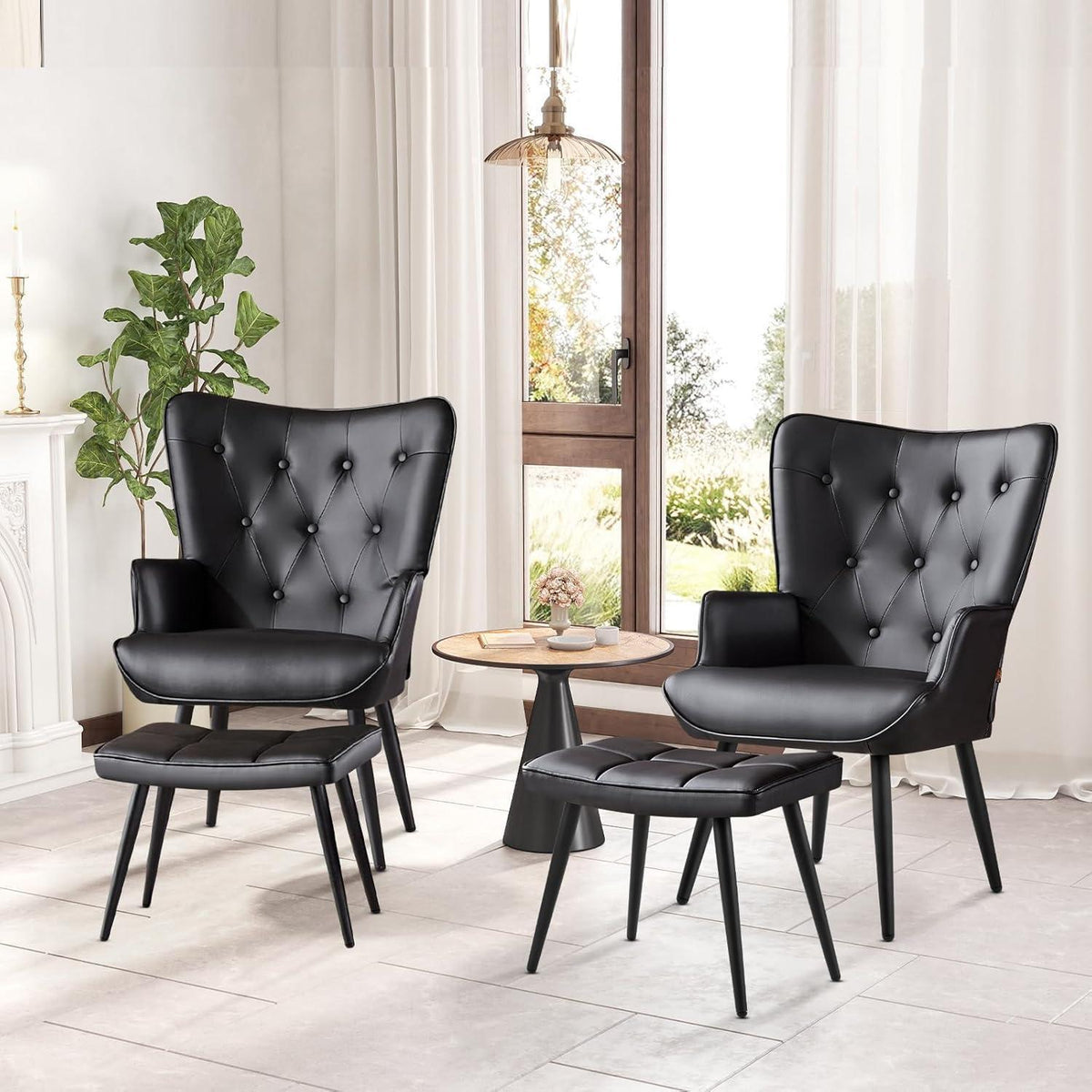 Ohrensessel mit Hocker, Schwarz – Bequemer Relaxsessel für Wohnzimmer