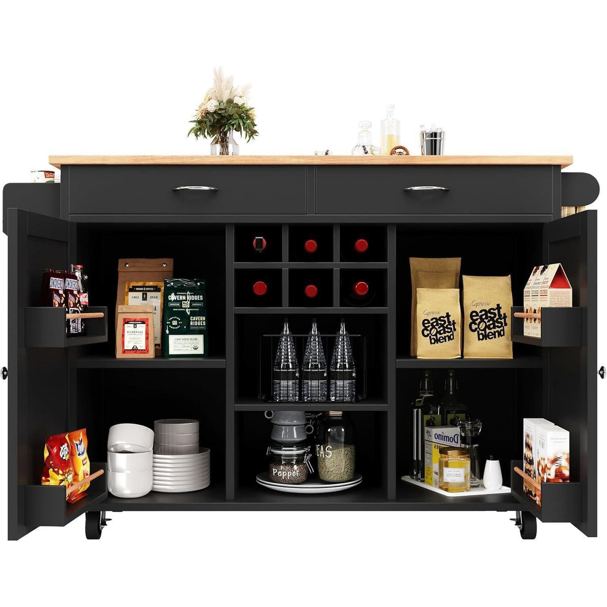 Kücheninsel mit Stauraum & Rollen – Schwarz 102x45x92cm