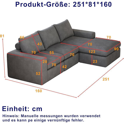 Modernes L-förmiges Cord Sofa | Ecksofa 3-Sitzer mit verstellbarer Liege