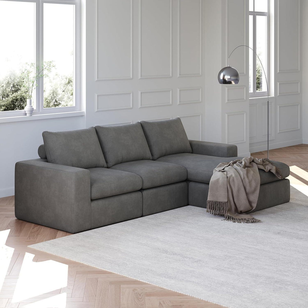 Modernes L-förmiges Cord Sofa | Ecksofa 3-Sitzer mit verstellbarer Liege