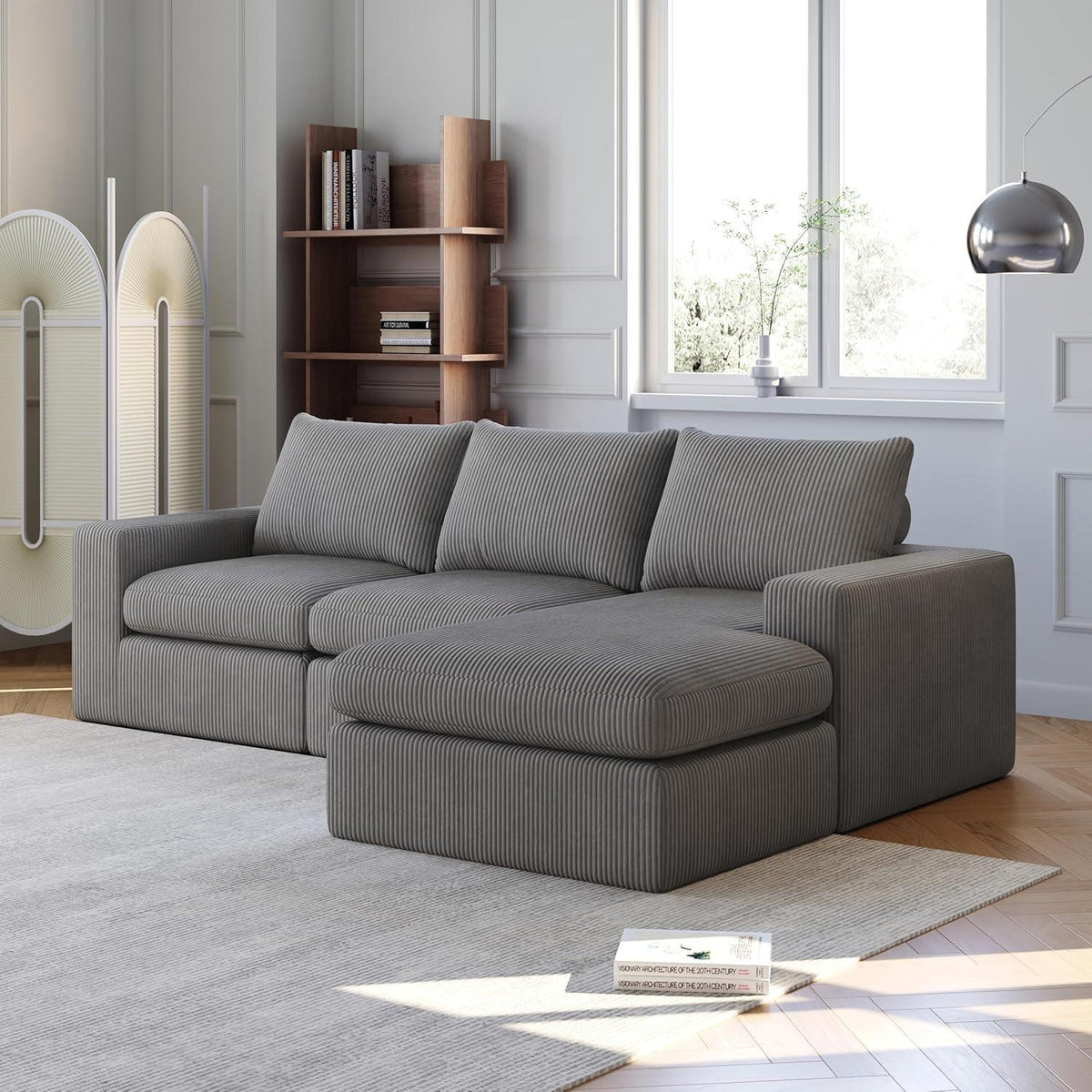 Modernes L-förmiges Cord Sofa | Ecksofa 3-Sitzer mit verstellbarer Liege