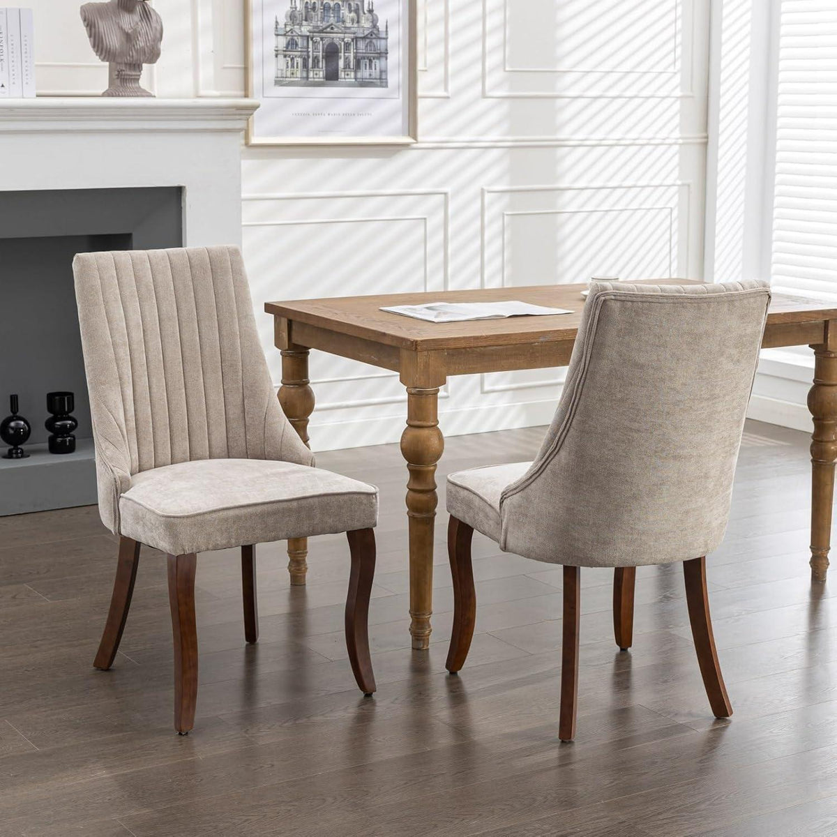 Esszimmerstühle 2er Set, Beige – Massivholz & Chenille