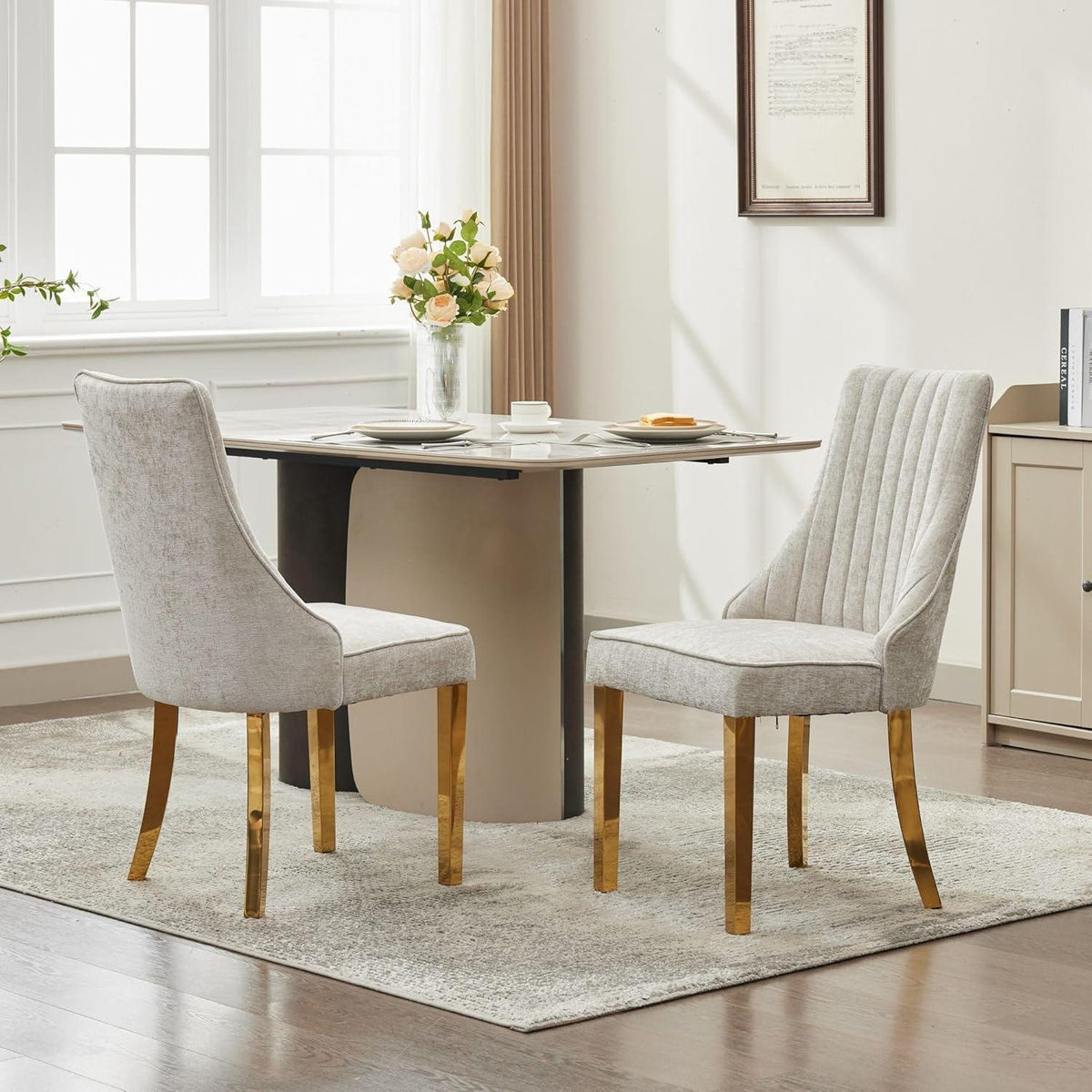Esszimmerstühle 2er Set Beige – Bequemer Chenille-Stoff & Goldene Beine