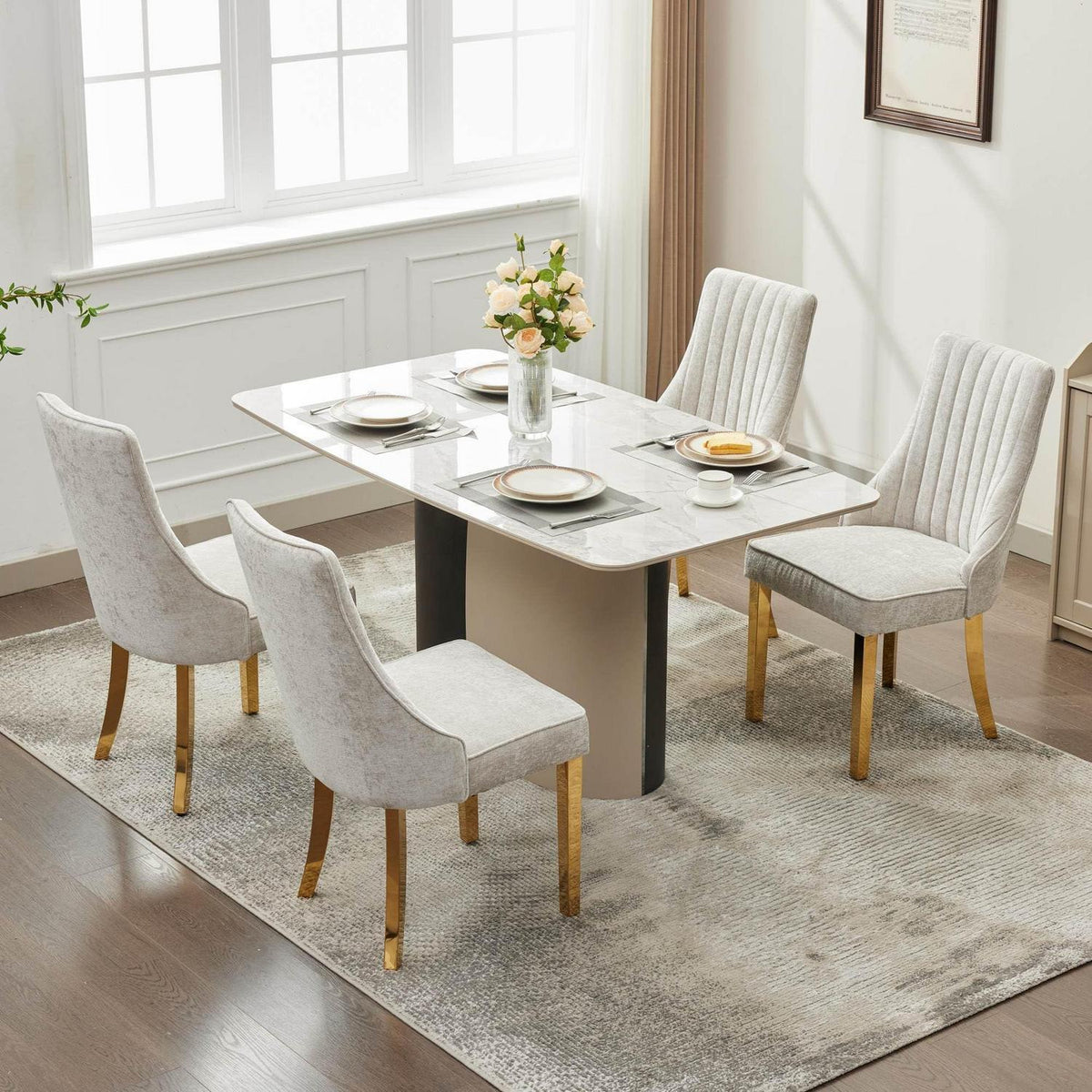 Esszimmerstühle 4er Set Beige, Chenille & Edelstahlbeine
