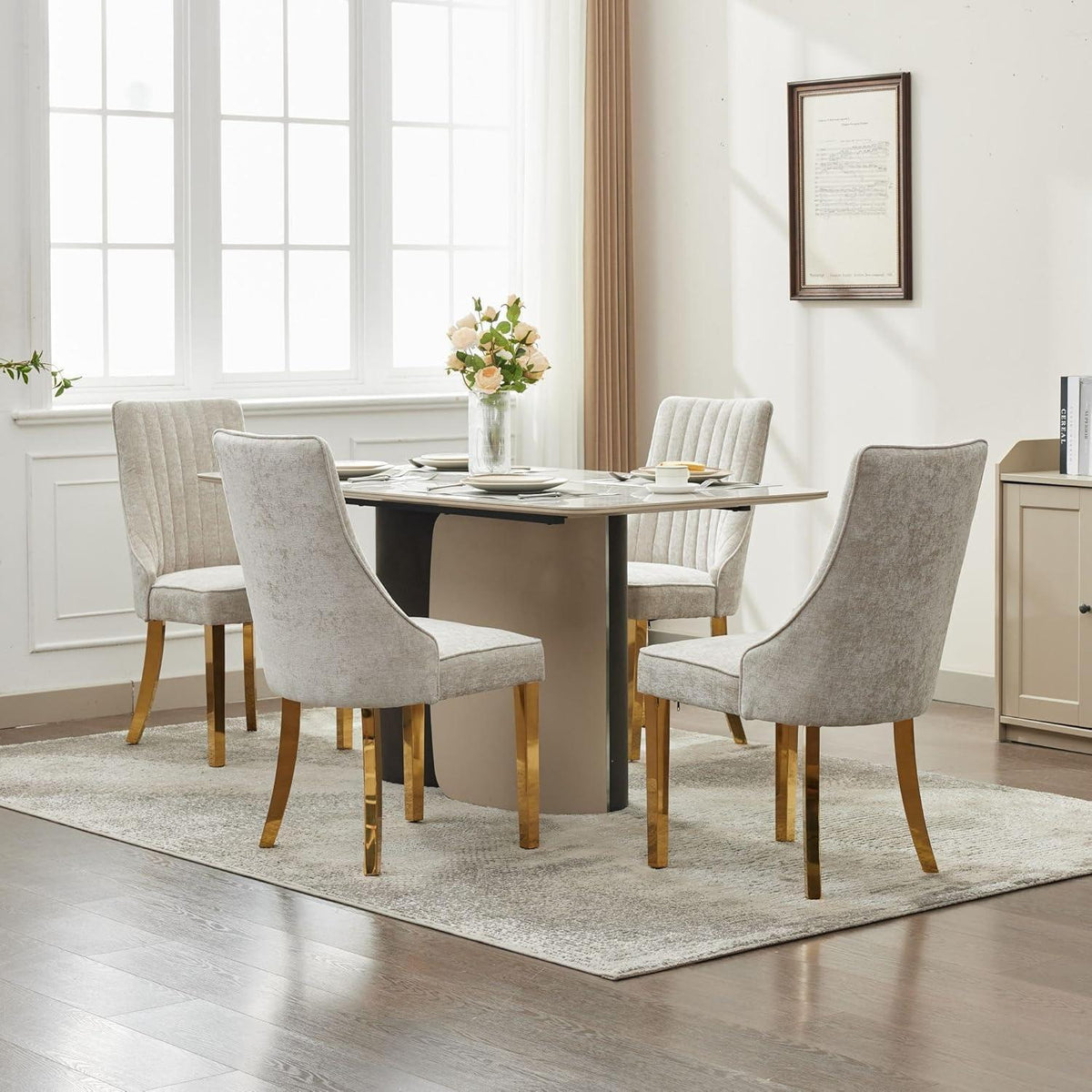 Esszimmerstühle 4er Set Beige, Chenille & Edelstahlbeine