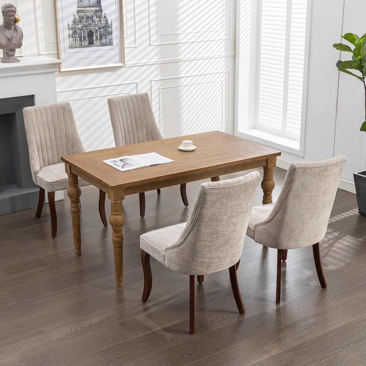 Esszimmerstühle 4er Set, Beige – Massivholz & Chenille