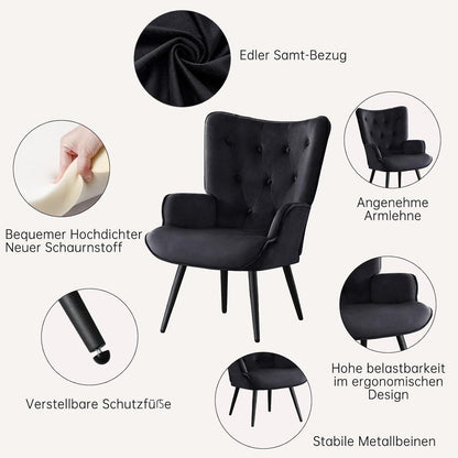 Ohrensessel 2er Set Schwarz – Skandinavischer Samt Relaxsessel