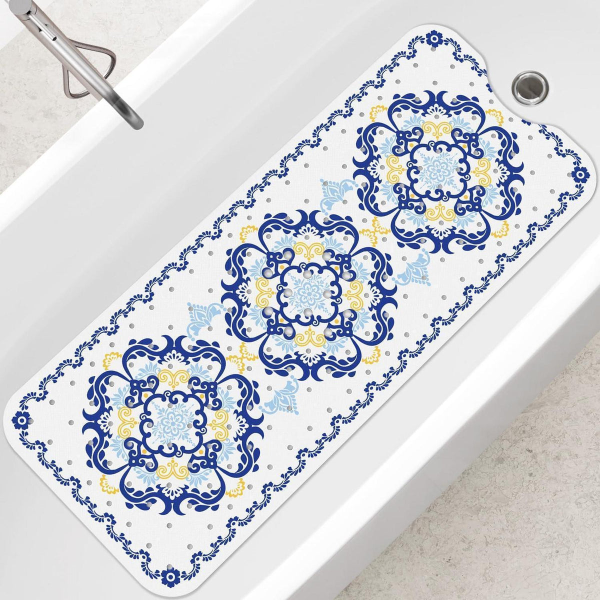 Rutschfeste Badewannenmatte Blau – 100x40 cm, Boho Design