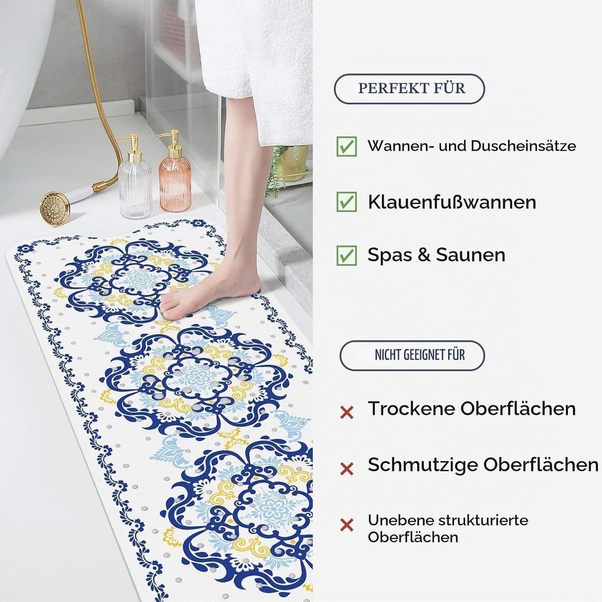 Rutschfeste Badewannenmatte Blau – 100x40 cm, Boho Design