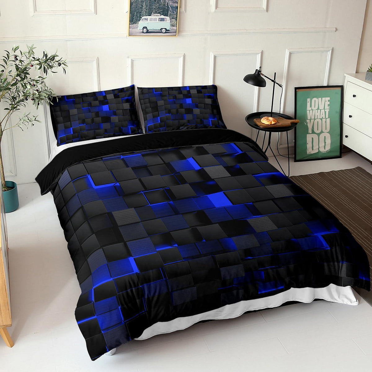 Würfel 3D Bettwäsche-Set Schwarz Blau 155x220cm