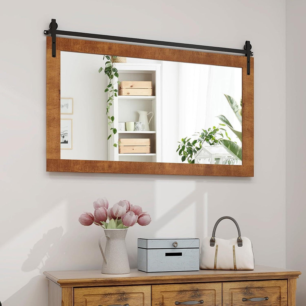 Rechteckiger Wandspiegel Holzrahmen 100x66cm – Rustikal & Dekorativ