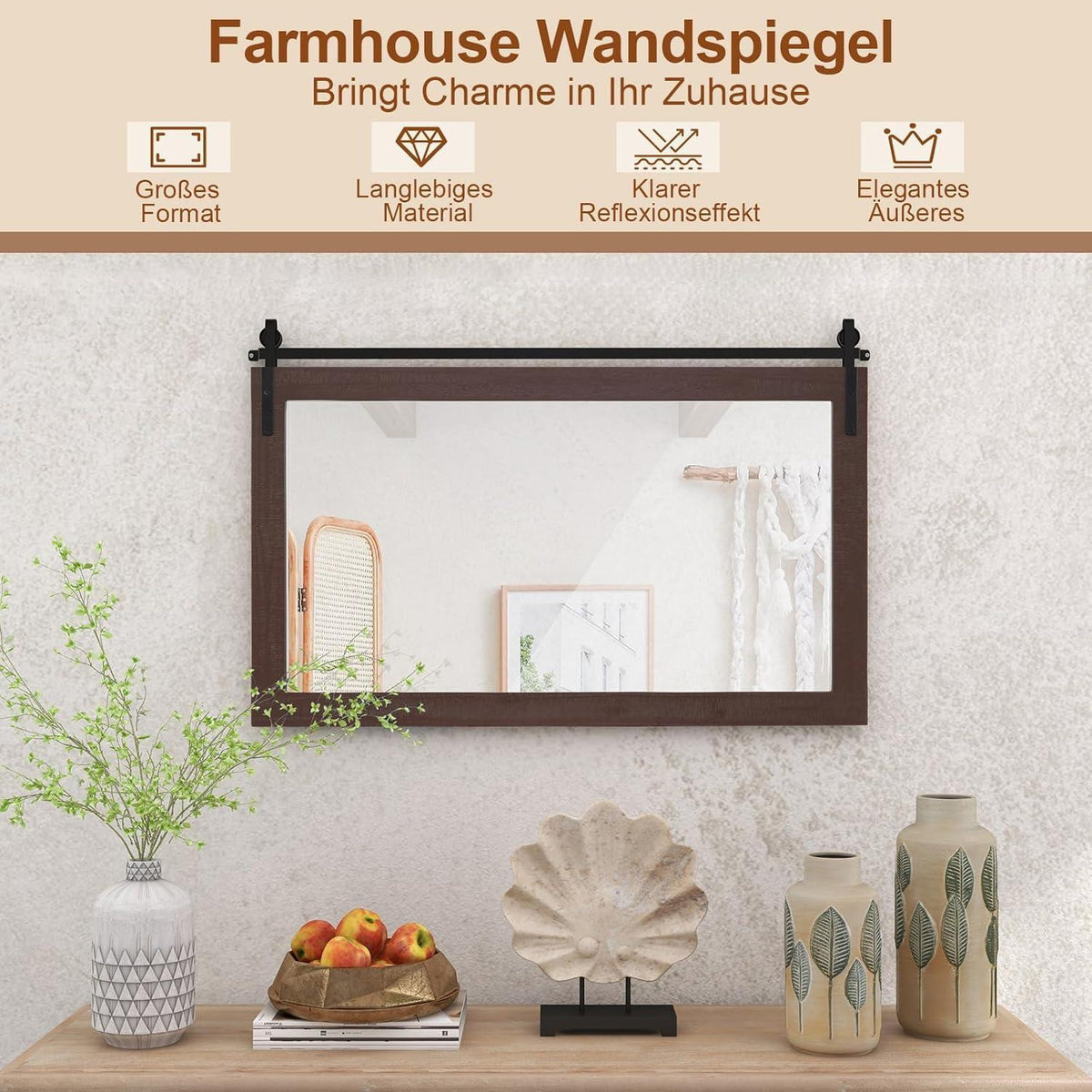Rechteckiger Wandspiegel Holzrahmen 100x66 cm - Rustikal & Dekorativ