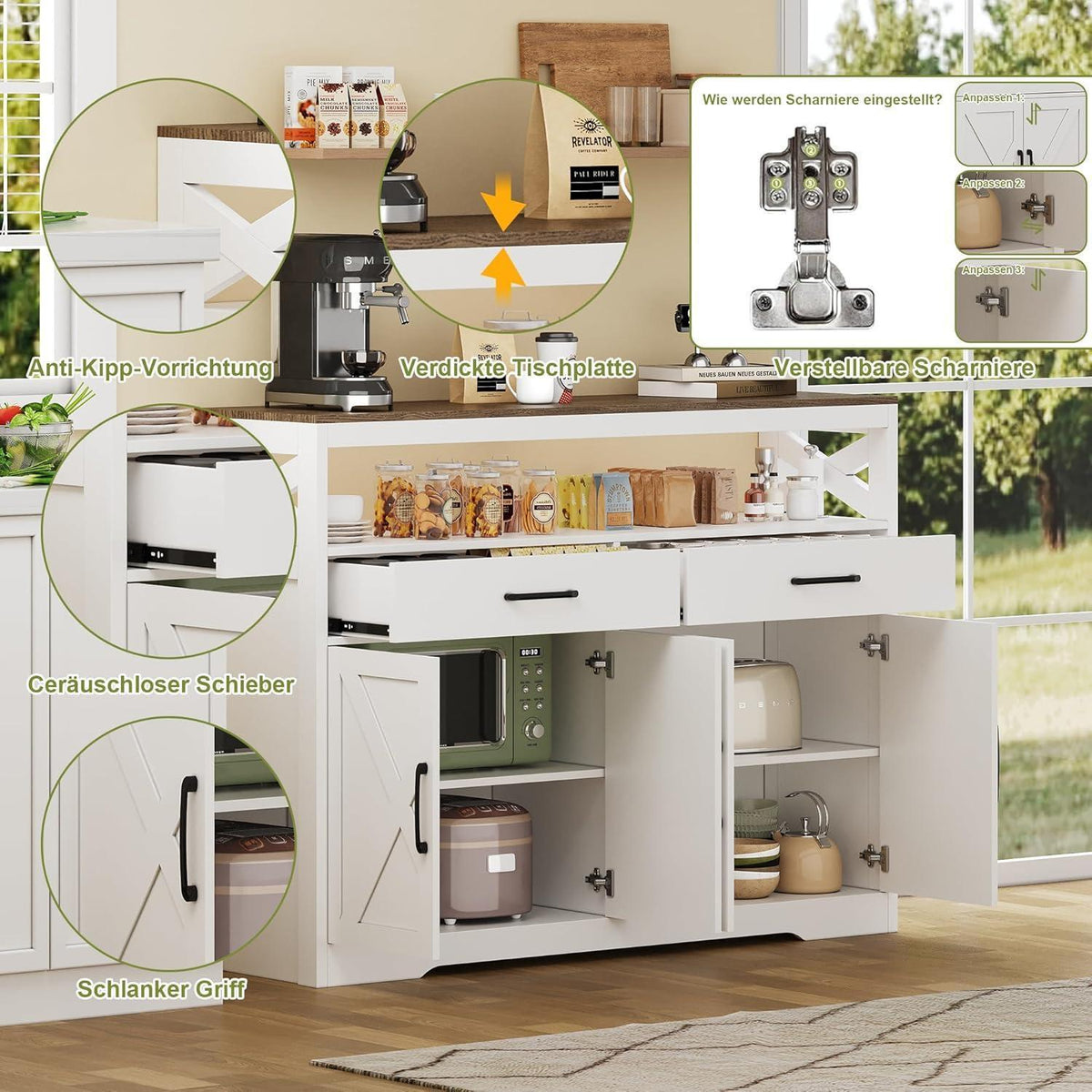 Weißes Sideboard mit 2 Schubladen & 4 Türen – Küchenschrank 140x40x105cm
