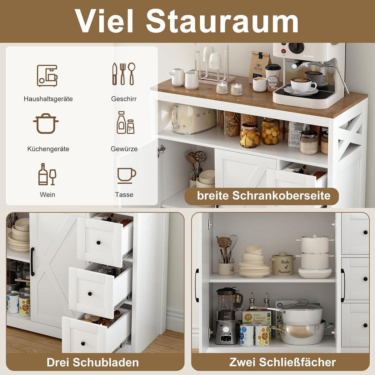 Sideboard mit 3 Schubladen & 2 Türen – Weiß, 100x40x105cm