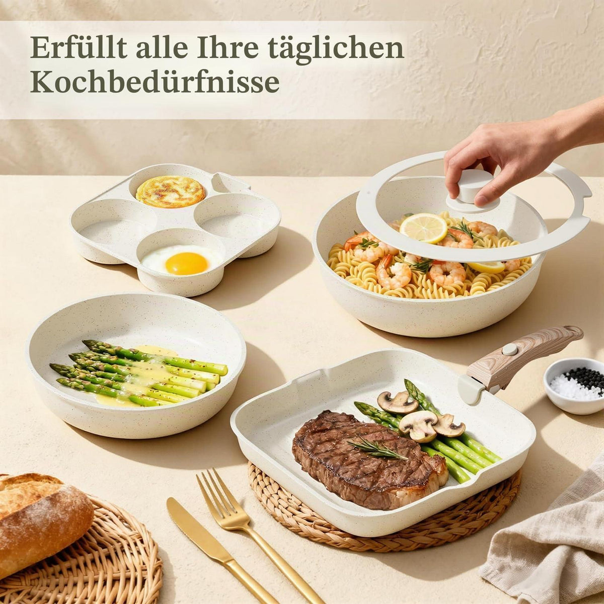 Induktions Kochgeschirr Set mit abnehmbaren Griffen & Antihaftbeschichtung