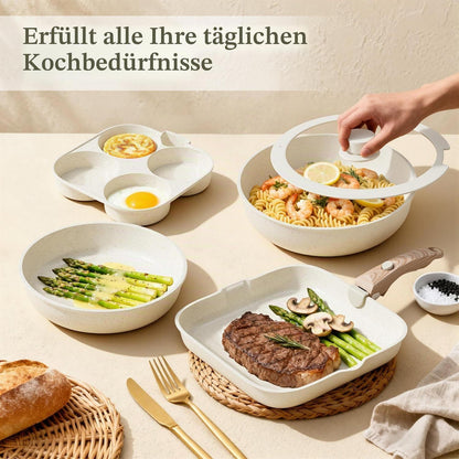 Induktions Kochgeschirr Set mit abnehmbaren Griffen & Antihaftbeschichtung