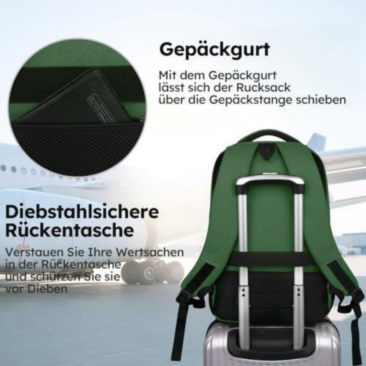 18 Zoll Laptop Rucksack Herren – Schulrucksack Militärgrün mit Gepäckgurt