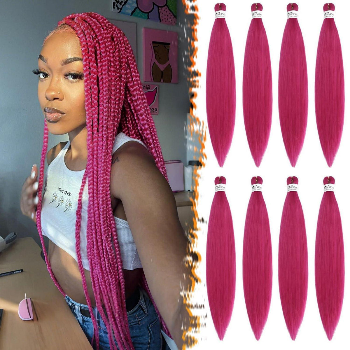 Neonrosa Pre Stretched Braiding Haare – 8er Pack für Cosplay & Party