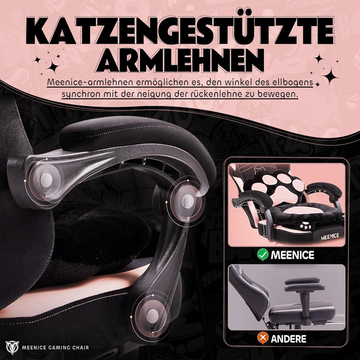 Gaming Stuhl mit Katzenohren und Fußstütze, Rosa