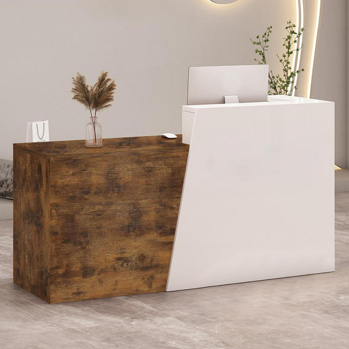 Empfangstheke mit Schublade – Weiß & Flamed Wood