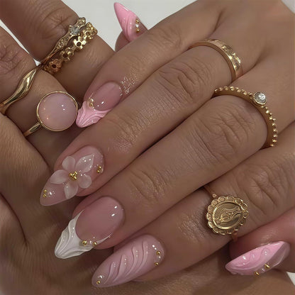 Pinke Mandel Press On Nägel mit Blumen & Goldperlen