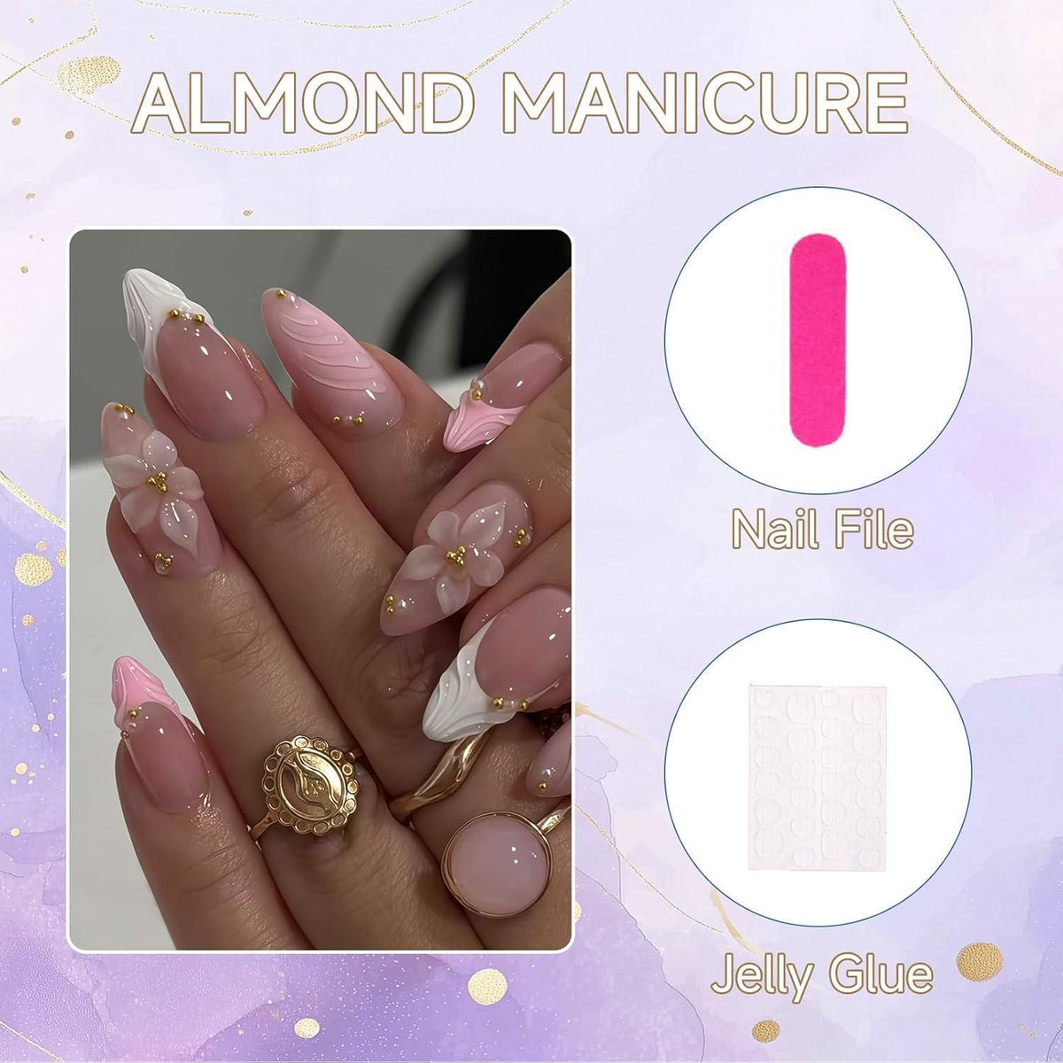Pinke Mandel Press On Nägel mit Blumen & Goldperlen