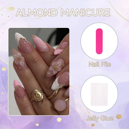 Pinke Mandel Press On Nägel mit Blumen & Goldperlen