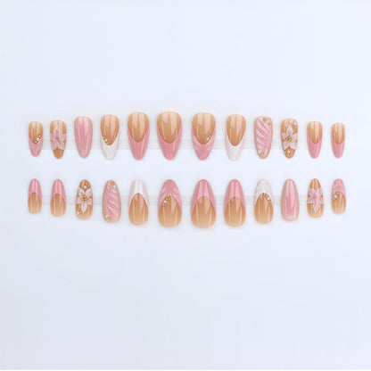 Pinke Mandel Press On Nägel mit Blumen & Goldperlen