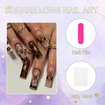 Braune Press On Nägel mit Blumen & 3D Gold - 24 Stück