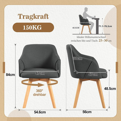 Esszimmerstuhl Set 6er – Gepolstert, Drehbar, Grau & Leinenoptik
