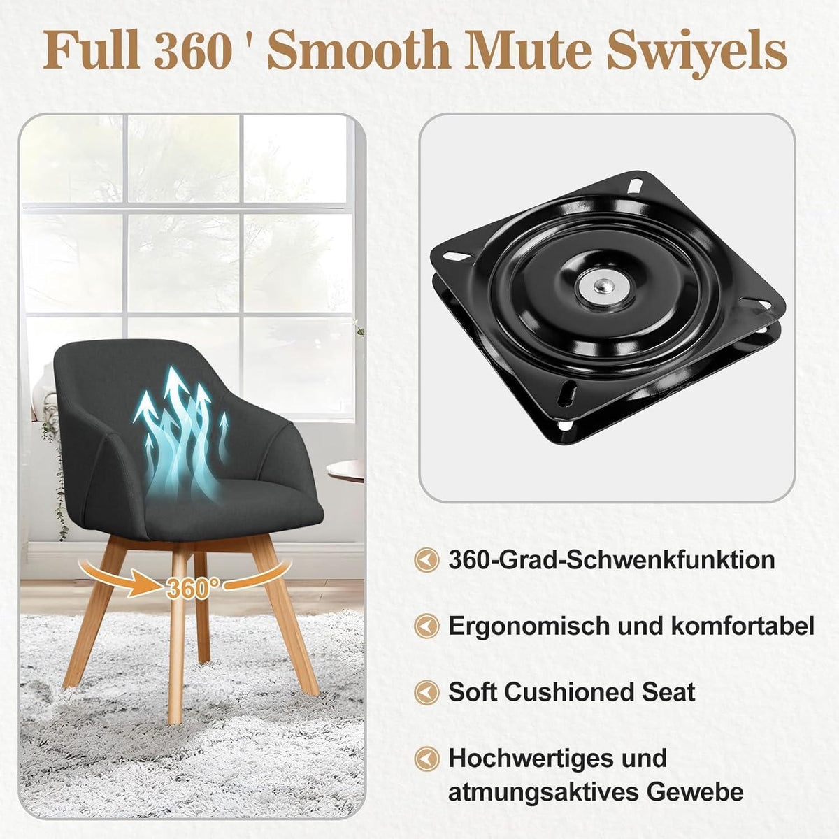 Esszimmerstuhl Set 6er – Gepolstert, Drehbar, Grau & Leinenoptik