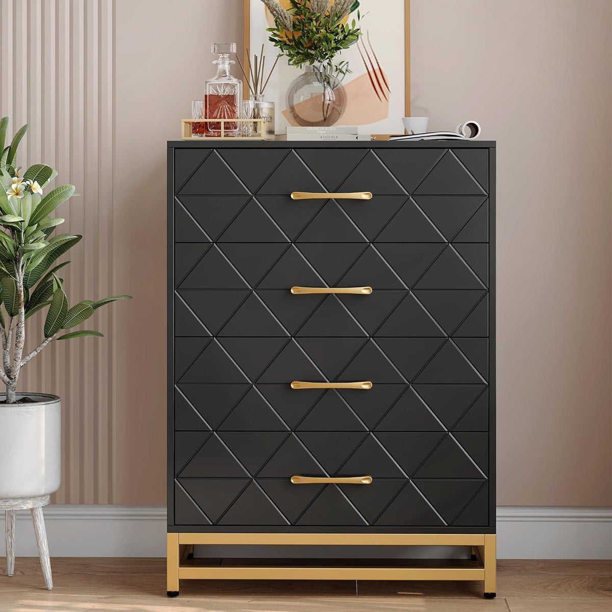 Kommode 4 Schubladen Schwarz – Metallrahmen, 61x40x91 cm