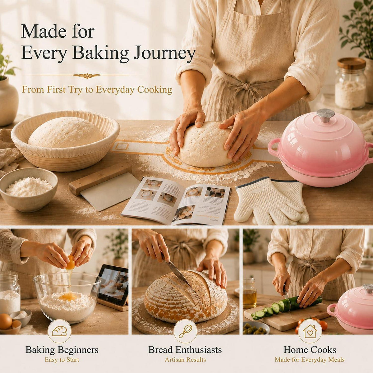 Gusseisen Dutch Oven Rosa | 5,7L Brotbacktopf mit Zubehör
